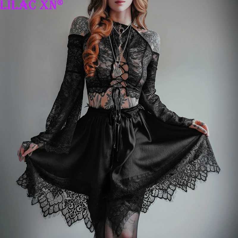 

Lilac XN Goth Black Cross Lace See Through Short Sleeve T-shirts Y2K Sexy Corset Tops for Women Basic Tees Summer Fashion