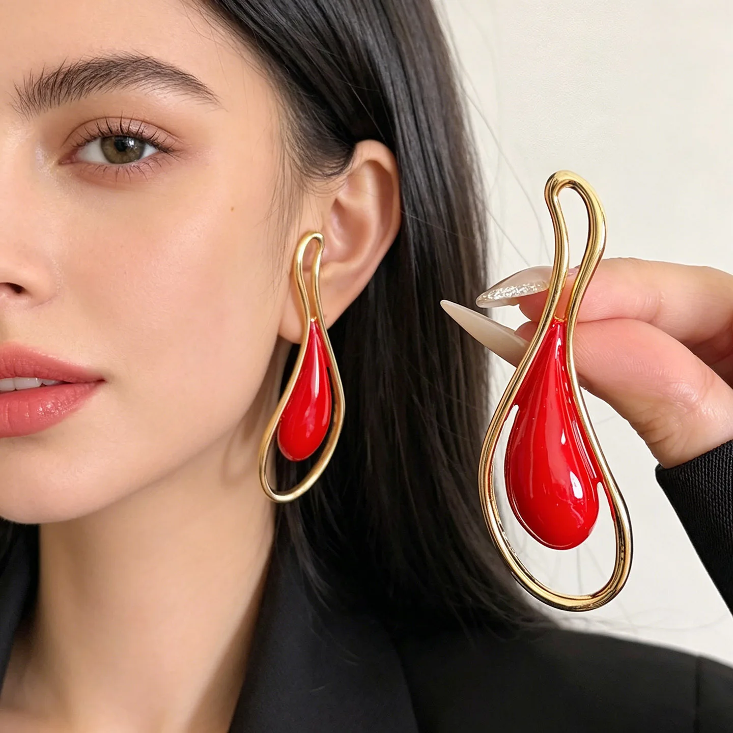 French retro red drop glaze water drop earrings women's gold hollow irregular metal frame long white earrings