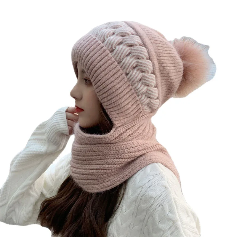 2023New Winter Knitted Scarf Hat Set Thick Warm Skullies Beanies Hats for Women Solid Outdoor Snow Riding Ski Bonnet Caps Girl