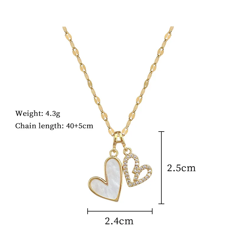 XIYANIKE 316L Stainless Steel Shell Crystal Hollow Out Heart Double Pendant Necklace For Women Creative Romantic Clavicle Chain