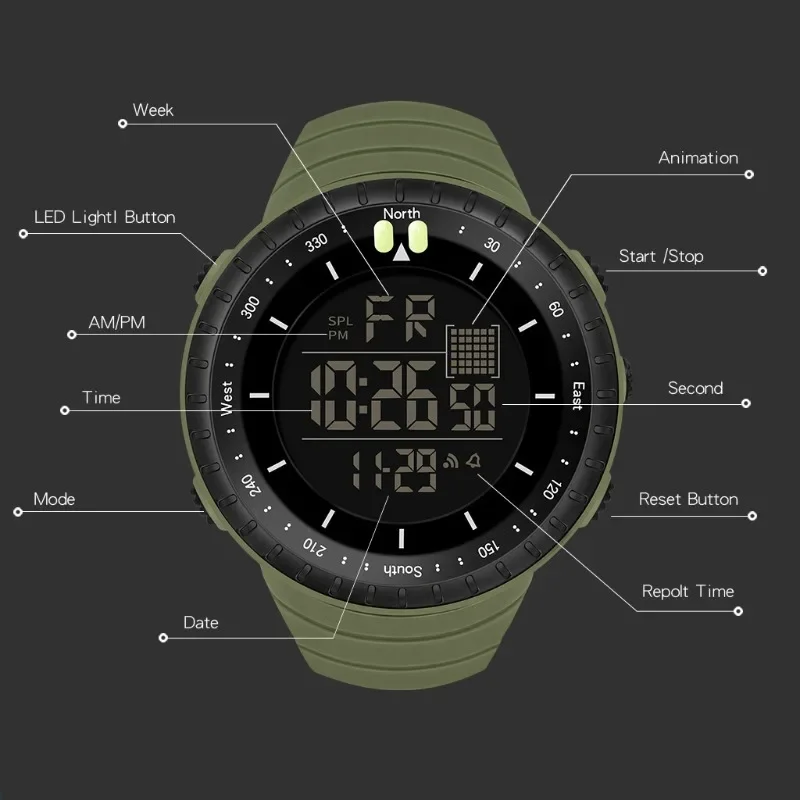 Men\'s Watch Sports Digital Watches for Man Big Dial Luminous Waterproof Alarm Clock Multifunction Military Electronic Wristwatch