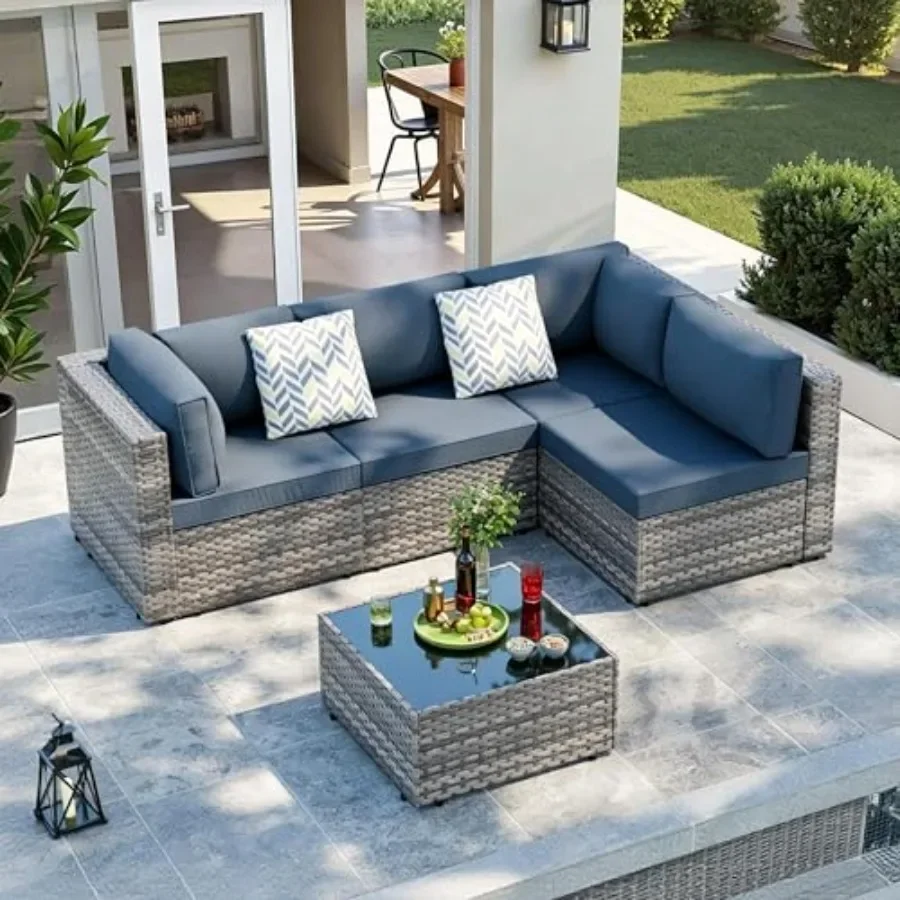 Patio furniture set for outdoor use, all-weather rattan in silver rattan with Aegean blue washable cushions, 5-piece low-back s