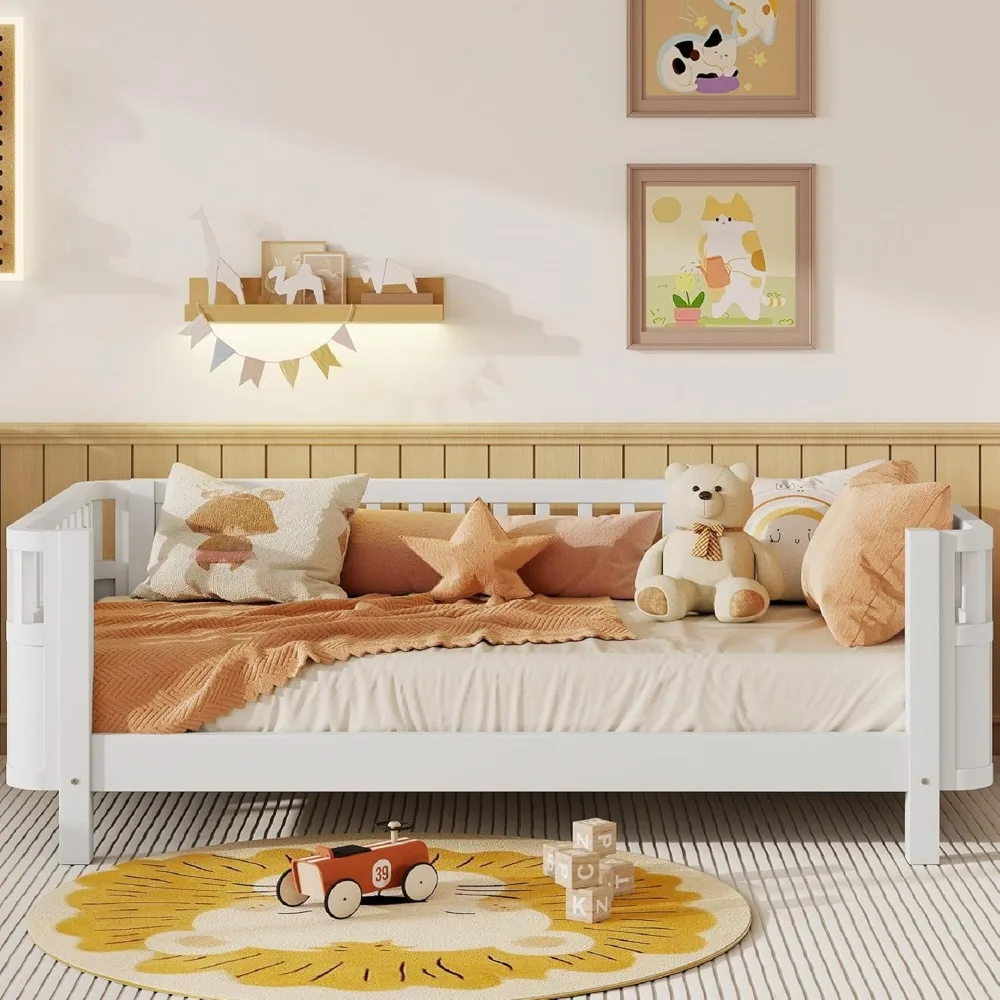 Keiki Cama de suelo de madera de tamaño completo, estructura de cama con plataforma montessori con perfil bajo y rieles de seguridad, camas infantiles que ahorran espacio para niños