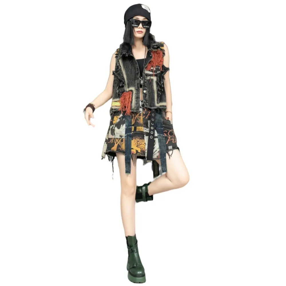 Personalized Trendy Printed Denim Vest + Skirt Two Piece Set Women 2024 Autumn Dress Set ZF102