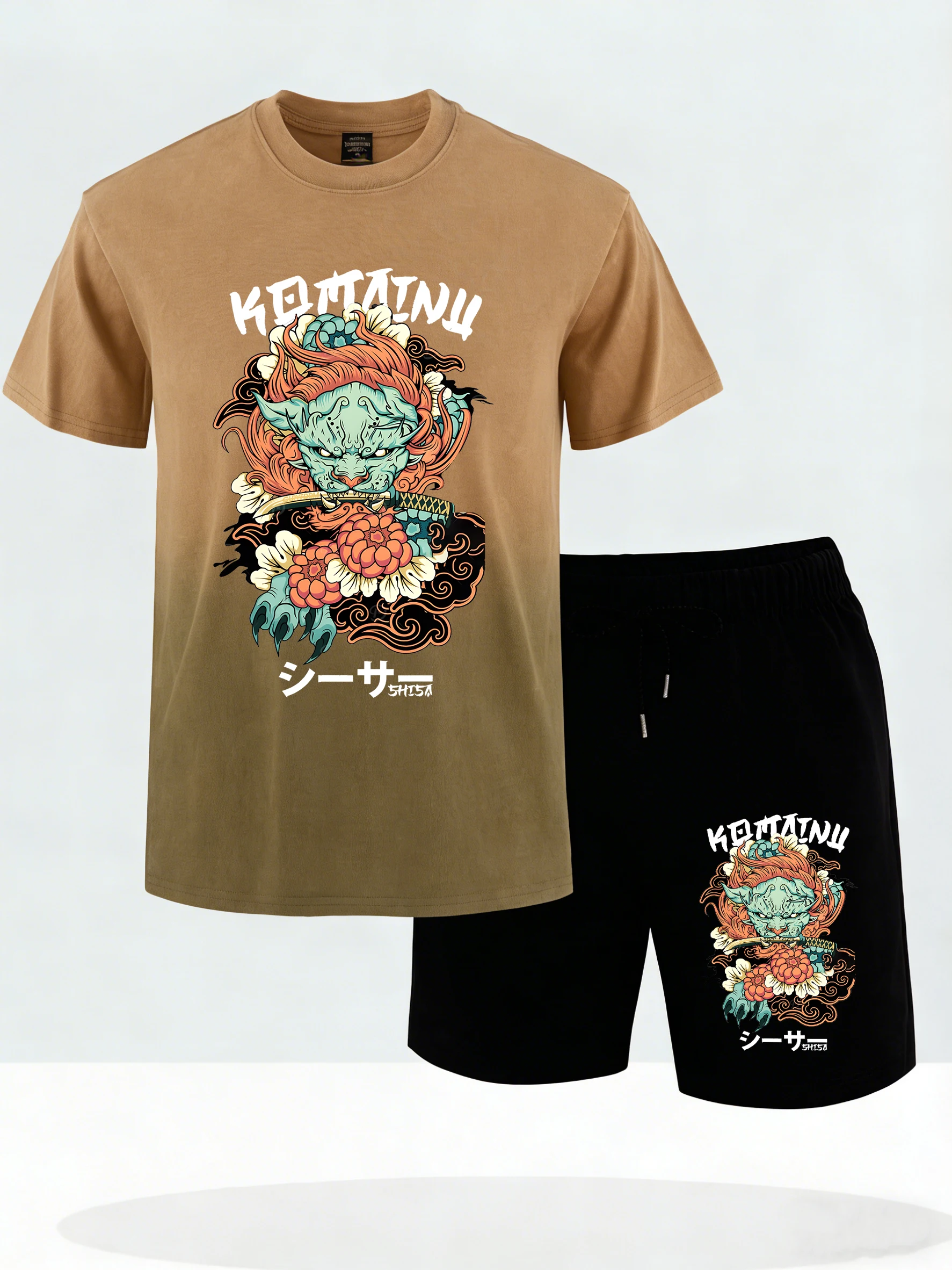 

Japan Irezumi Komainu Printed Male Summer Loose Tie-Dye Short Sleeve Set Soft New T-Shirt Stretch Fitness Shorts Comfortable Tee