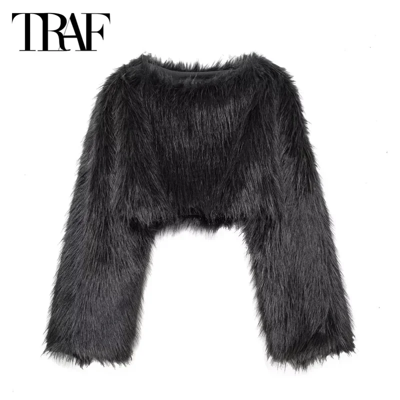 TRAF Women\'s Cropped Faux Fur Pullovers 2024 Warm Winter Jacket Coats Autumn Long Sleeve Short Fluffy Beige Black Outerwears