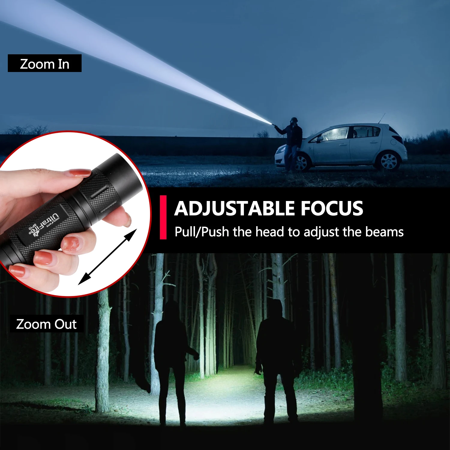 UltraFire SP10 LED Tactical Flashlight Single Mode High Power 800 Lumens Small Torch Zoomable Flash Lights Duty Belt with Holder