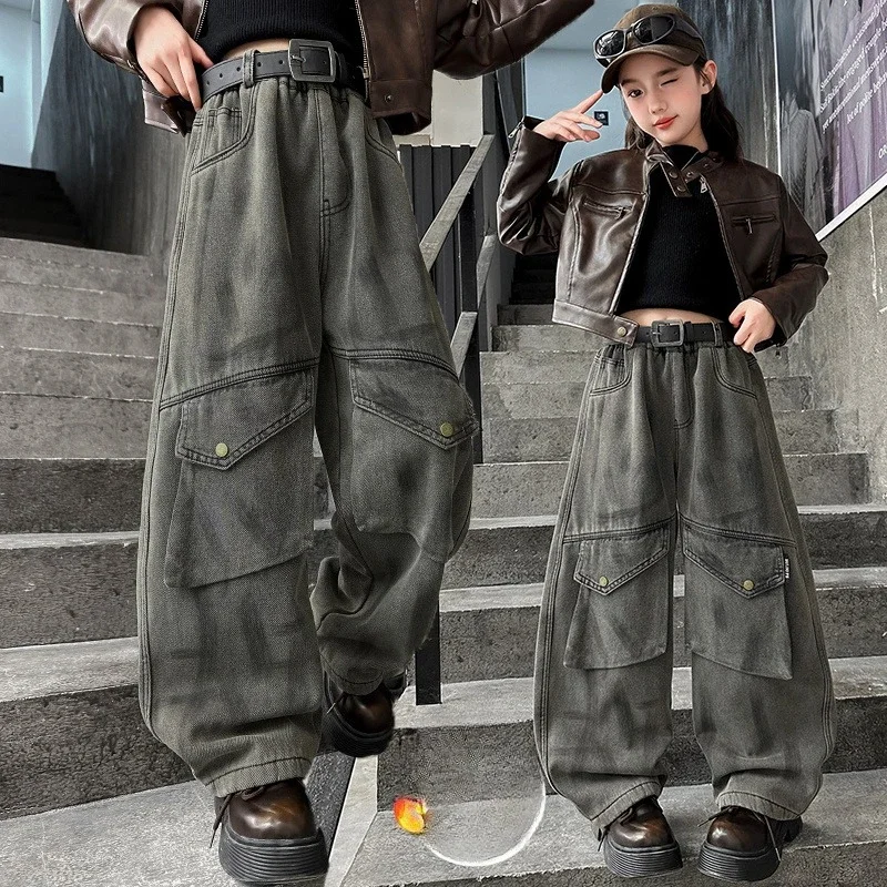 

7-15 Years Old2025 Spring And Autumn New Big Pocket Dirty Jeans Will Give The Same Belt, Fashion Trend, High-quality Hip-hop.