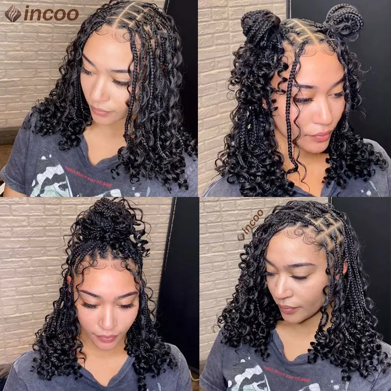 Wig kepang Boho pendek 12 inci Wig kotak tanpa simpul bagian persegi Wig kepang keriting ujung sintetis penuh renda Wig Bob Cornrow untuk wanita