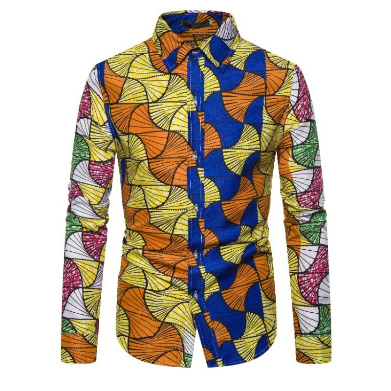 New Men\'s Button Shirt Dashiki African Print Shirts Long Sleeve Tops Traditional Couple Clothes Hip Hop Ethnic Style Streetwear