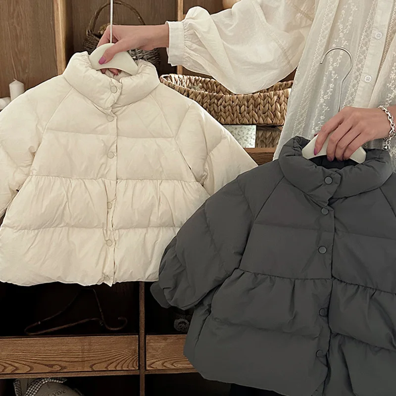 

Бежевая куртка-пуховик для девочек, пуховик на пуговицах с высоким воротником и пышными рукавами, модный теплый зимний наряд для девочек 2–6 лет