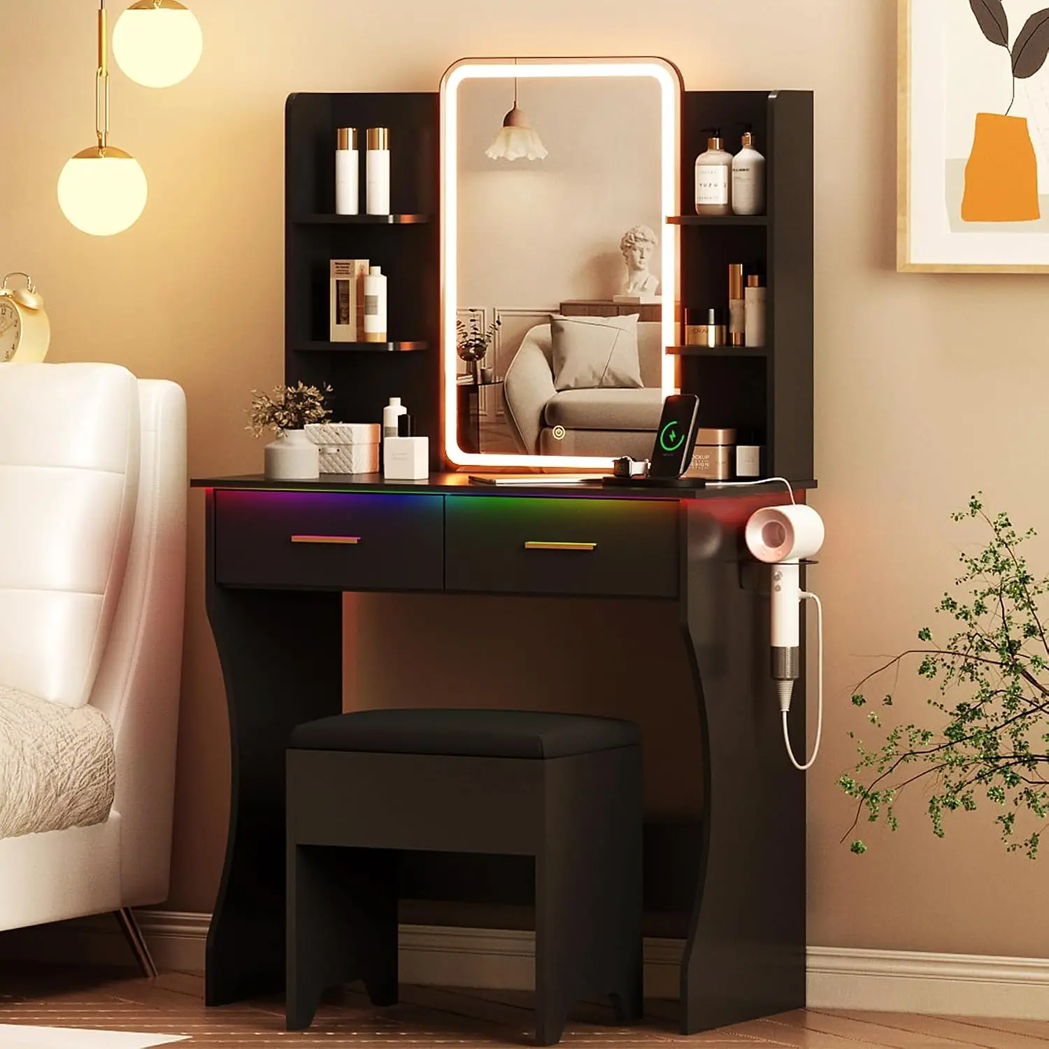 Vanity Desk with LED Lights Mirror & Power Outlet, Small Makeup Vanity Table Set with Storage Drawers & Chair, 3 Lighting