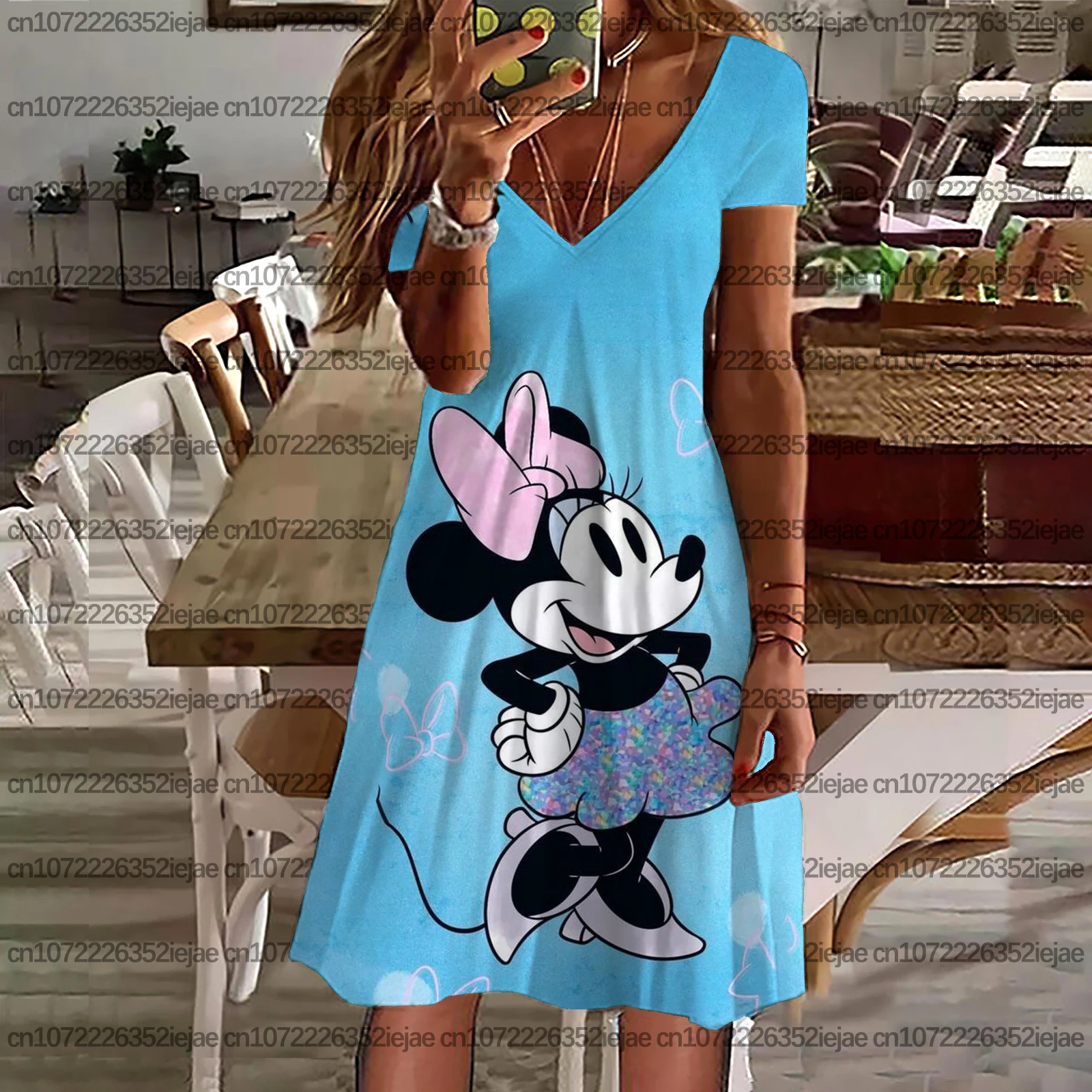 ディズニー ミッキーとミニー プリント レディース カジュアル ルーズ ドレス、クール バケーション トップ、レディース スリップ ドレス、ボヘミアン ビーチ ドレス