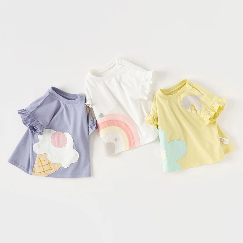 Dave Bella 2024 New Summer Girl\'s Baby T-Shirt Children Thin Top Cotton Short Sleeves Casual Fashion Sport Undershirt DB2240564