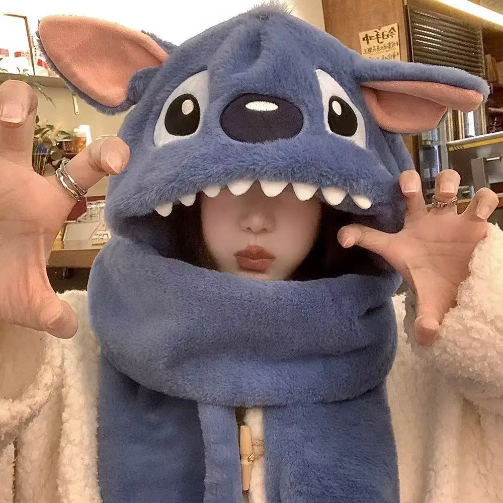 

Lilo & Stitch Plush hat scarf gloves in one birthday gift, Stitch cute thickened warm cover cold ear protection hat