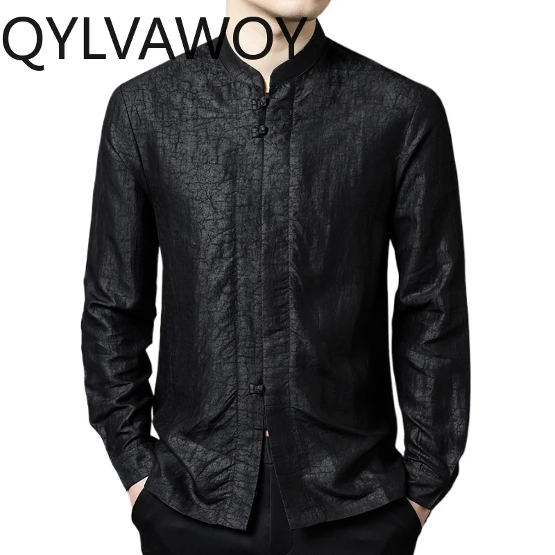 QYLVAWOY 100% Mulberry Silk Men's Shirts Xiangyunsha Menswear Clothing Tops Long Sleeves Shirts Stylish Chinese Shirts for Man