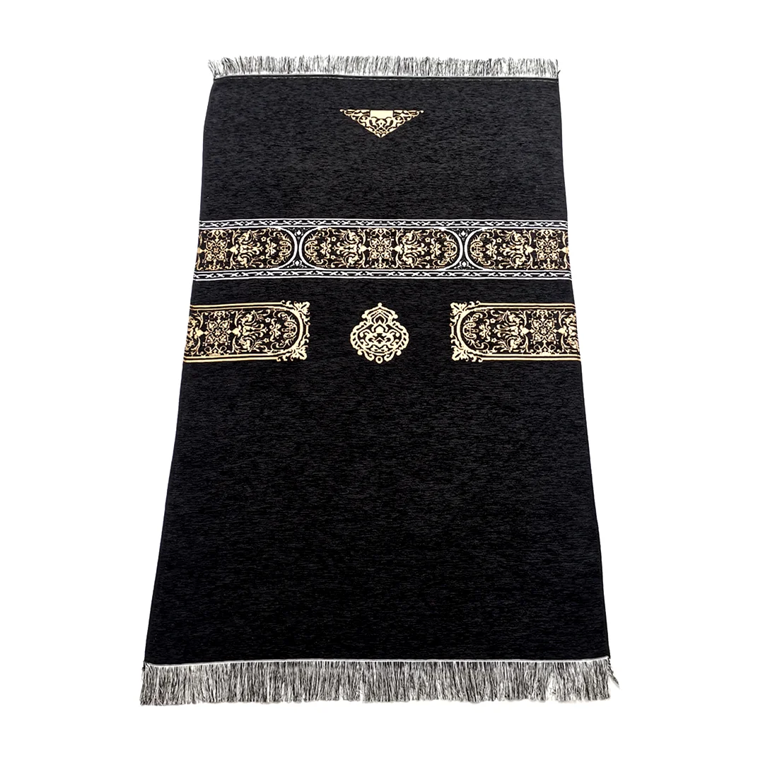 Black Kaba Design Muslim Prayer Mat Thin Chenille Fabric Pray Rug For Men