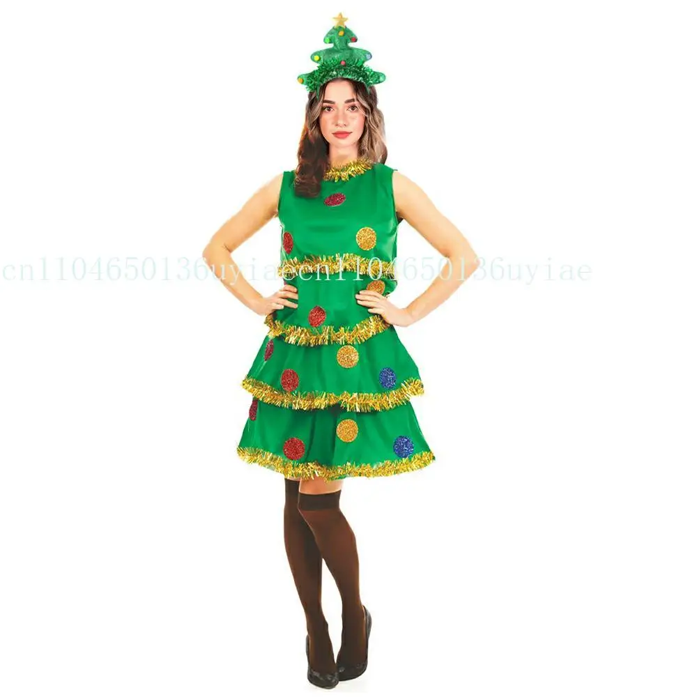 Costume da donna per albero di Natale, set senza maniche, girocollo, torta, abito a trapezio, fascia per occhiali, borsa per calzini lunghi