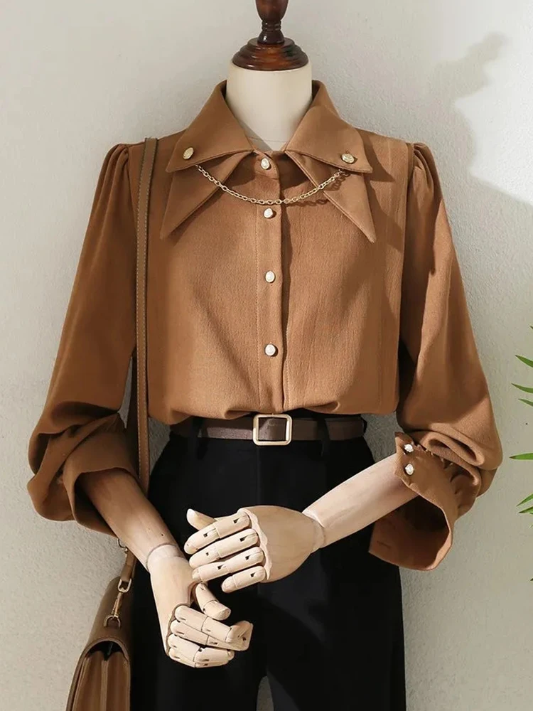 

Korean Loose Design Female Solid New Spring Tops Vintage Corduroy Chain Shirts Women Casual Long Sleeve Elegant Blouse