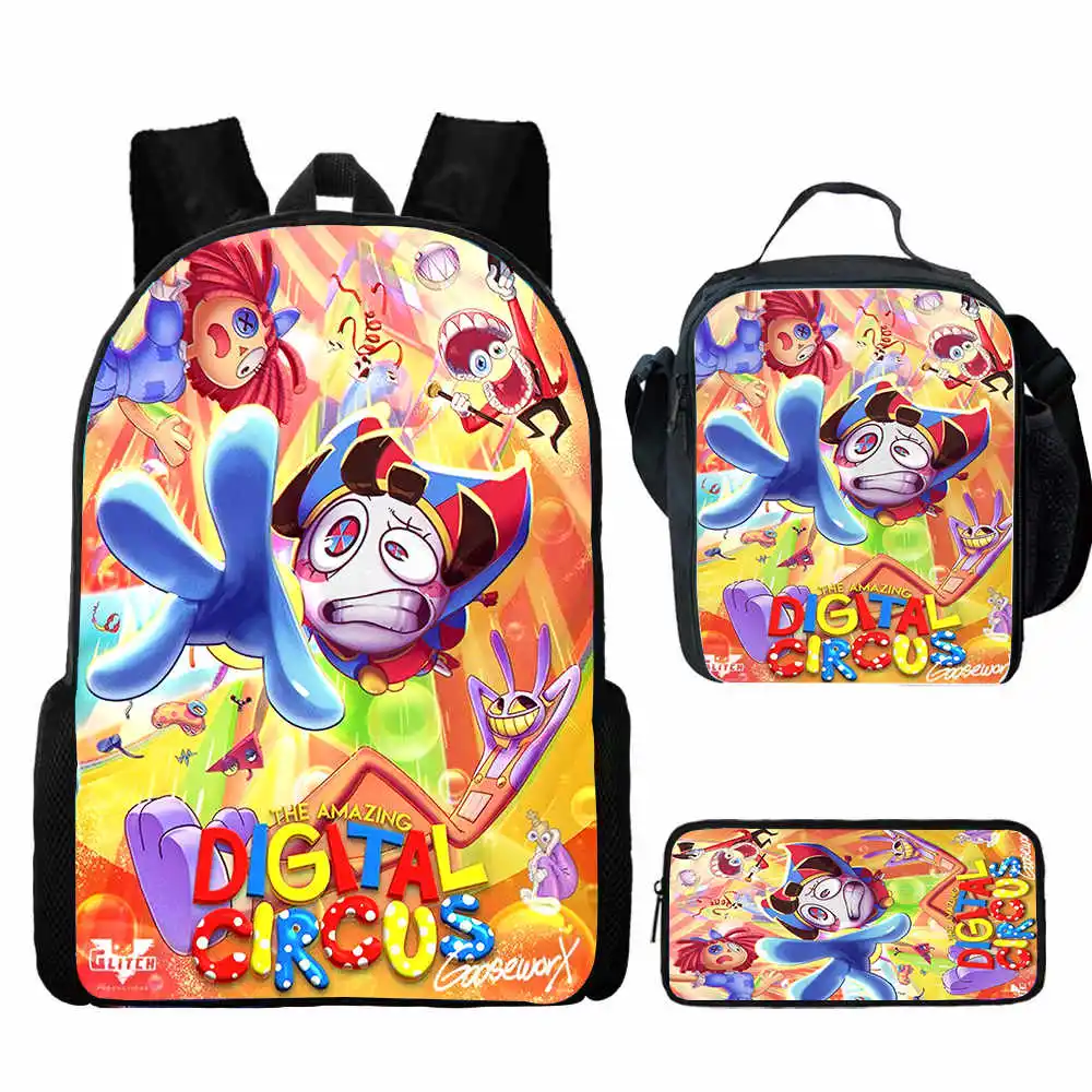 The 3 pcs Set Amazing Digital Circus School Bag for Boys Girls with Lunch Bags Children Backpack Anime School Bag Best Gift