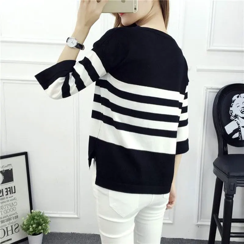 Fashion Split Striped Knitted T-shirt Spring Summer Half Sleeve Women's Clothing Casual Loose Round Neck Basic Korean Pullovers