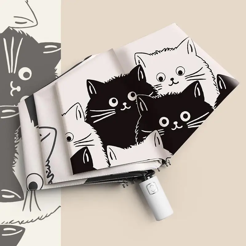 Automatic Folding Umbrella  Cartoon Pattern Sun Rain Women's Style Black Two White Kittens H041902 UV Protection Umbrella
