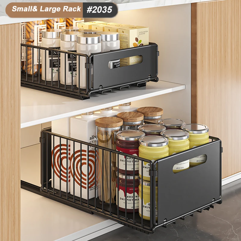 

2 Pack Pull Out Cabinet Organizer (1 Large + 1 Small), No Drill Sliding Drawer Storage, Carbon Steel Pantry Rack Damping Slide