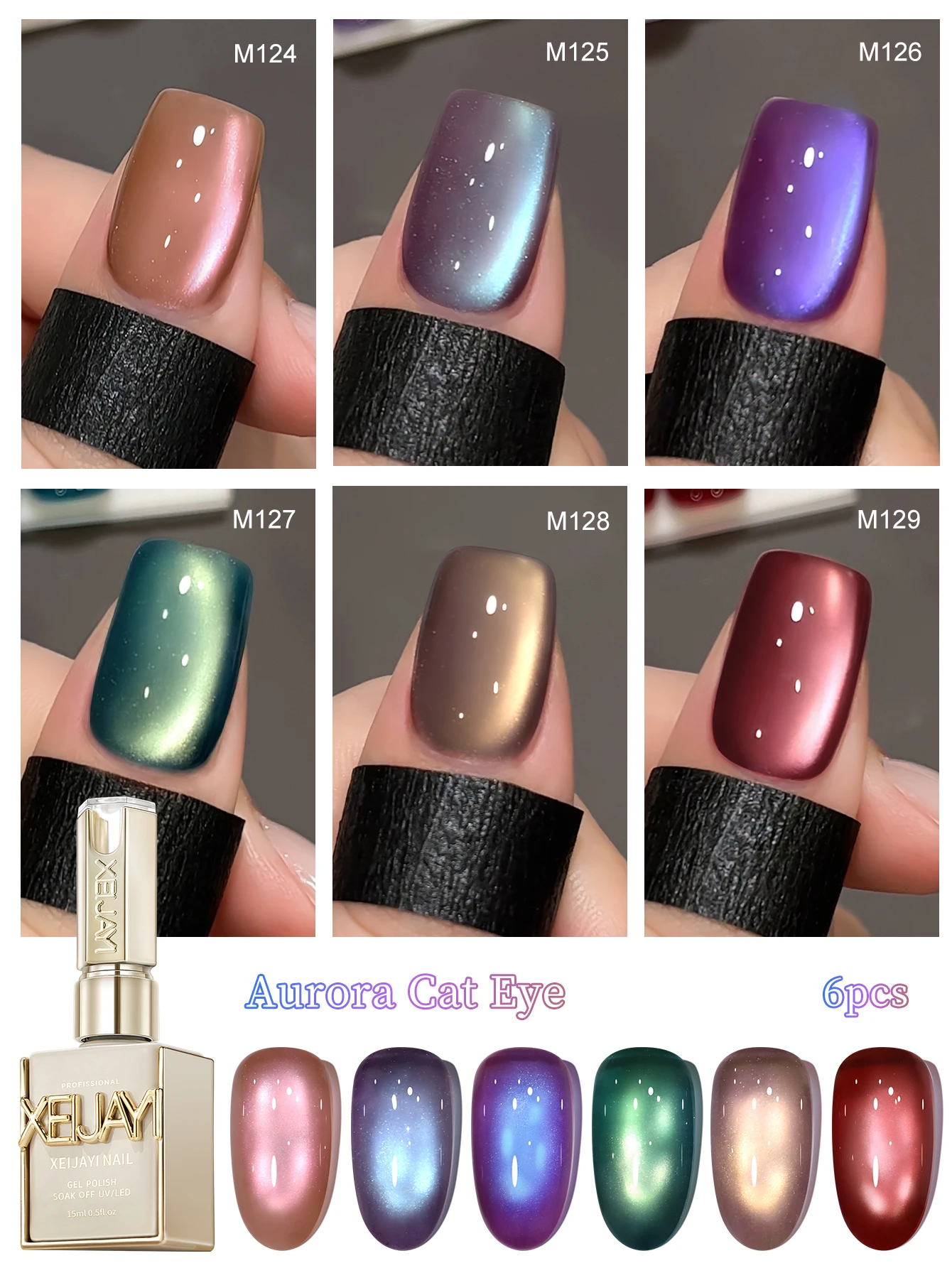 Zestaw 6 szt. lakierów hybrydowych Aurora Cat Eye 15ml, brokatowe lakiery do paznokci, zestaw do manicure, lakier UV Soak Off do zdobienia paznokci.