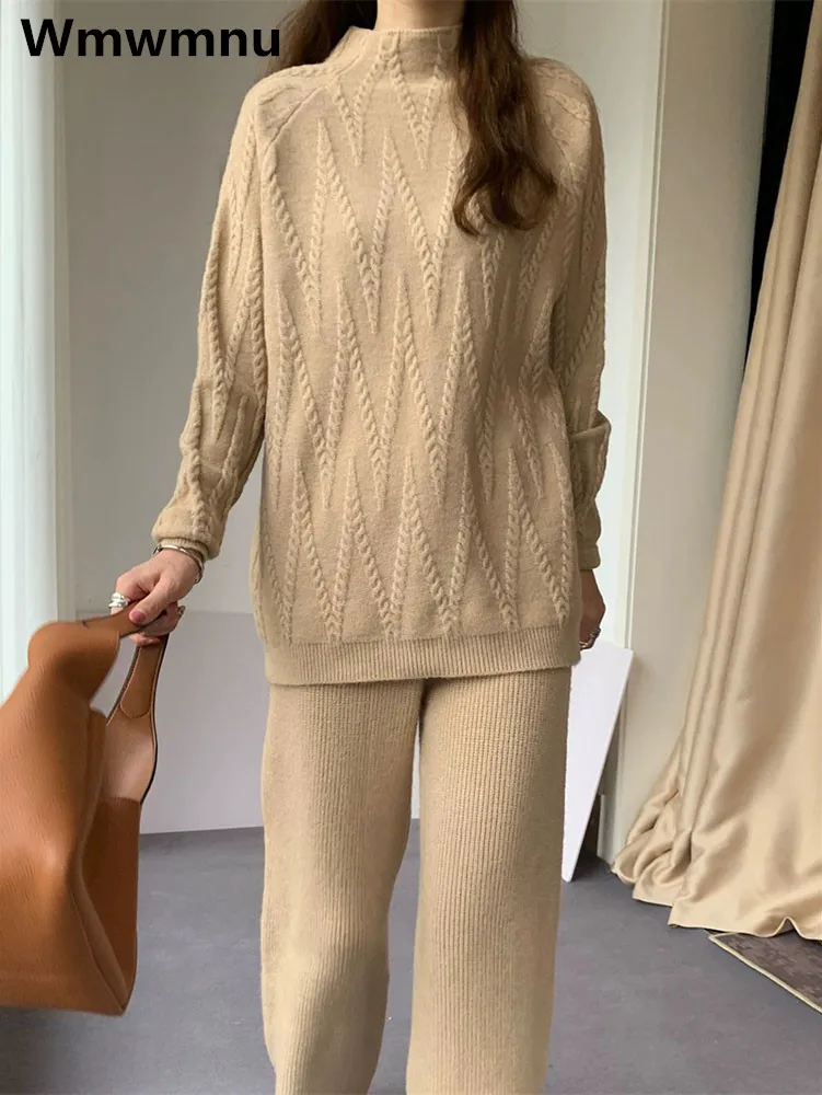 

Half Turtleneck Sweater Outfits Knitted Wide Leg Pants Suits Knitwears Pullovers 2 Piece Sets Korean Spring Womens Conjuntos New