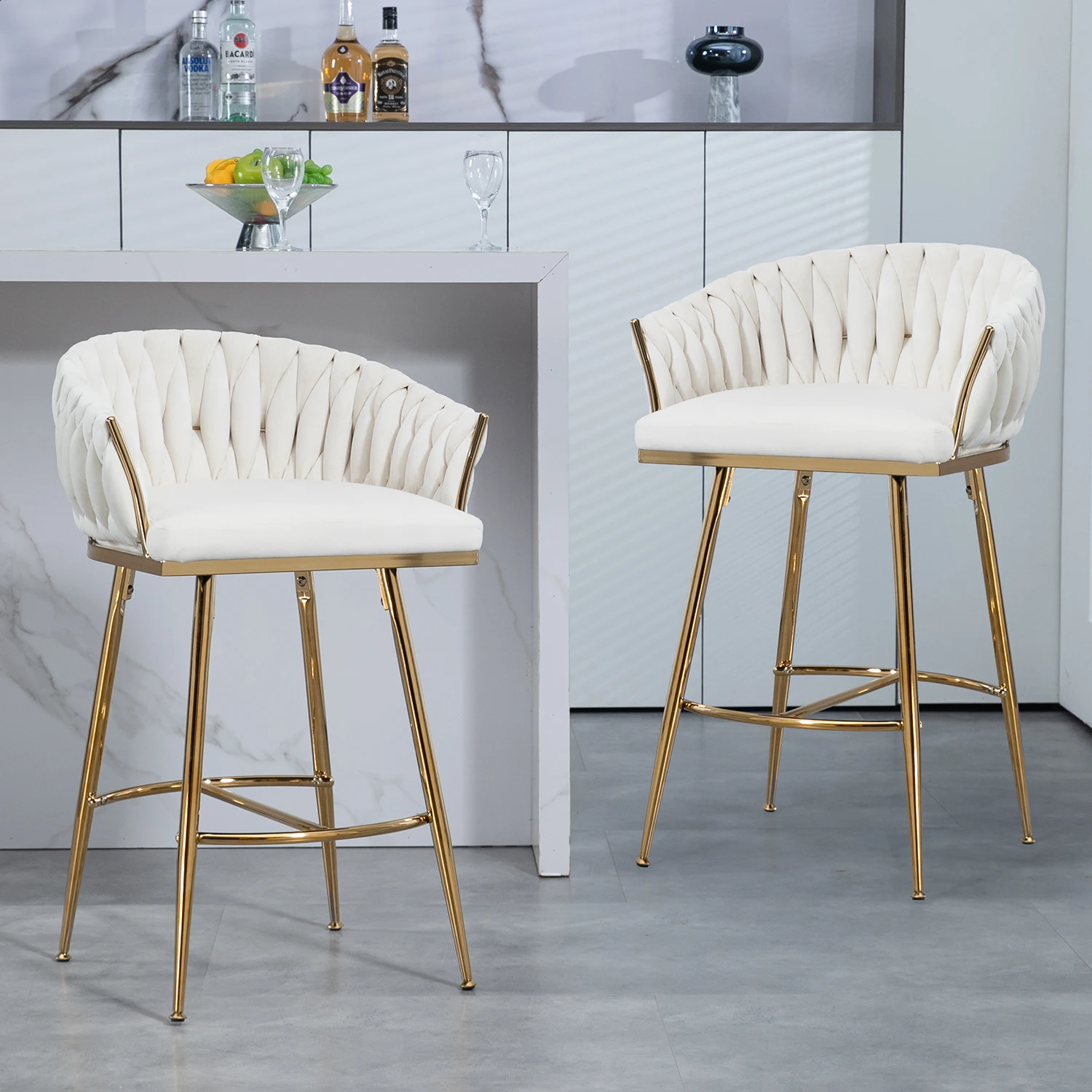 26'' Counter height bar stools Set of 2,velvet kitchen island counter bar stool with hand- wave back，Beige