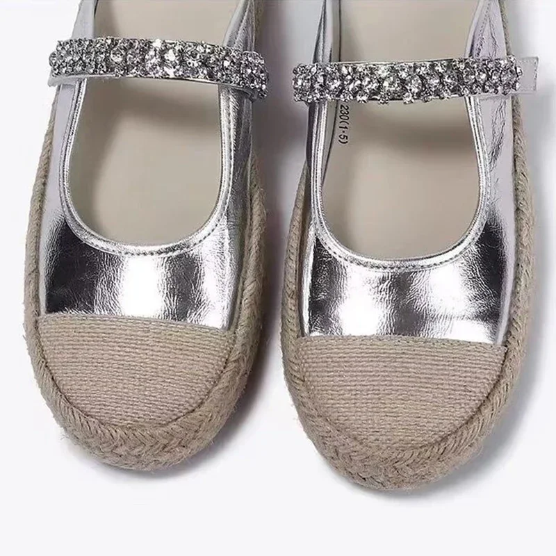 Hemp Rope Woven Mary Jane Shoes for Women Silver Soft Summer Holiday Flats String Bead Deco Strap Bohemia Comfort Slippers