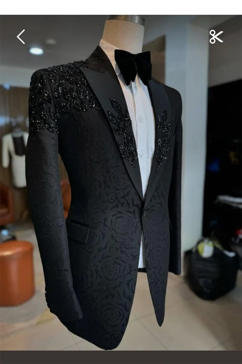 Black Crystal Men Suits Set 2 Pcs Blazer+Cotton Pants Trousers Spring Wedding Tuxedo Formal Office Business Groom Jacket Coat