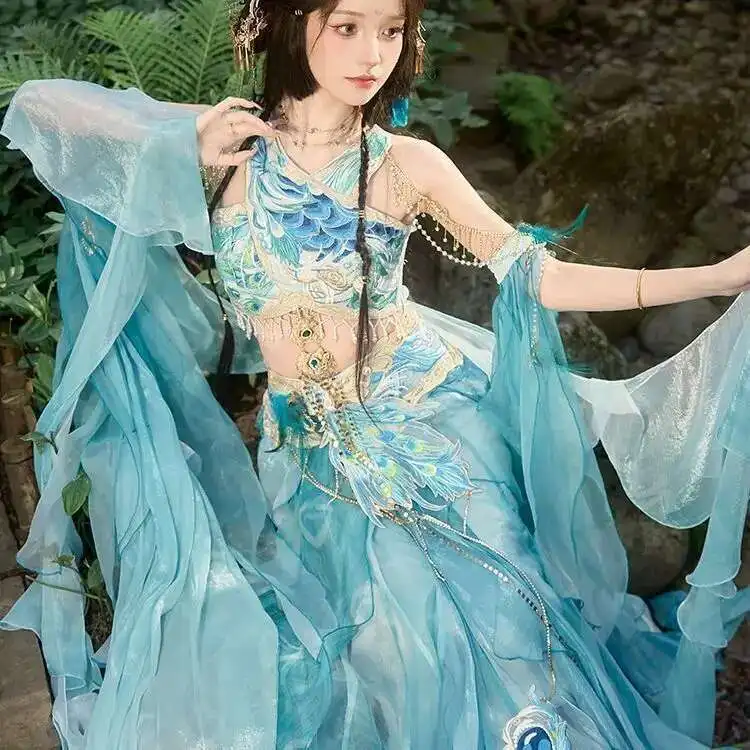 Chinese Elements Fairy Cosplay Costume Hanfu Female Exotic Dancewear Peacock Blue Dress Exotic Mermaid Princess Embroidery Dress - view 3