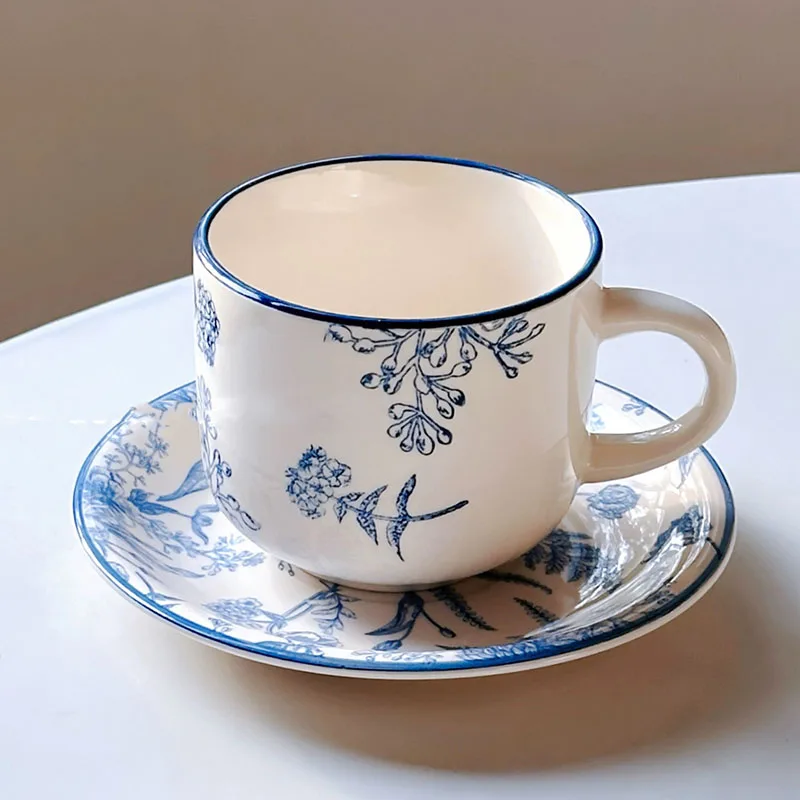 Vintage Hand Painted Ceramic Coffee Cup Plate Set Palace Style Printing Underglaze Color Craftsmanship 350ml Capacity Water Cup