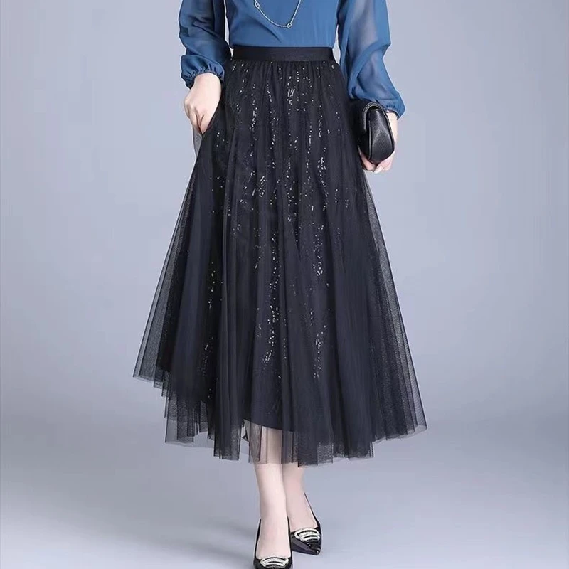 Elegante preto longo tule saias femininas casual cintura alta uma linha faldas largas coreano y2k roupas comprimento médio plissado saia alargamento