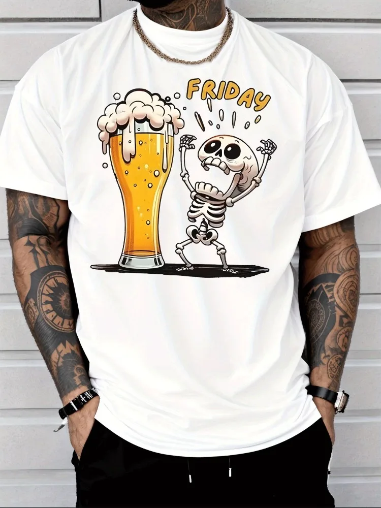 Novelty Skeleton Theme Mens Red Short Sleeve Cotton Tshirt Friday Celebrate Beer Cartoon Print Breathable Daily Party Tops