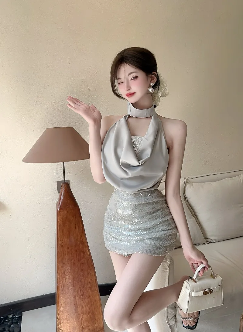 

Hot Girl Suit Women's Summer Satin V-neck Halter Neck Tank Top Sequin High Waist Wrap Hip Skirt Two-piece Set Female Clothes
