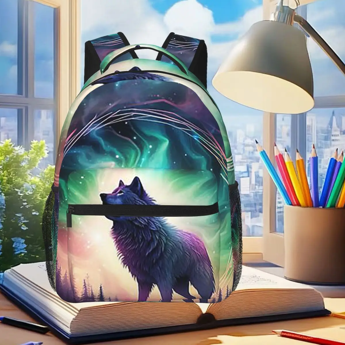 Mochila con diseño de lobo, aurora boreal, paisaje, montañas, ríos, árboles, mochila para estudiantes, niños y niñas, mochila escolar para niños