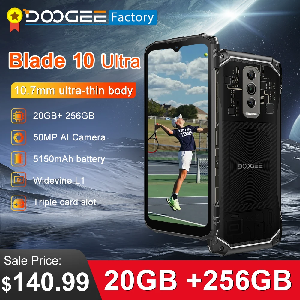 DOOGEE Blade 10 Ultra Smartphone 20GB(8+12) 256GB 50MP 10.7mm thin 6.56'' Display Rugged Cellphone NFC Android 14 Mobile Phone