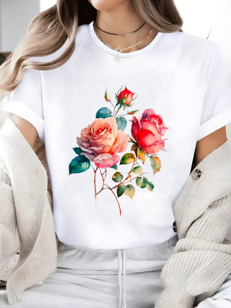 Süße Blume Trend Frauen Casual Damen T-Shirt Damen Grafik T Kleidung Mode Kleidung Drucken Weiß Kurzarm O-Ausschnitt T-Shirts