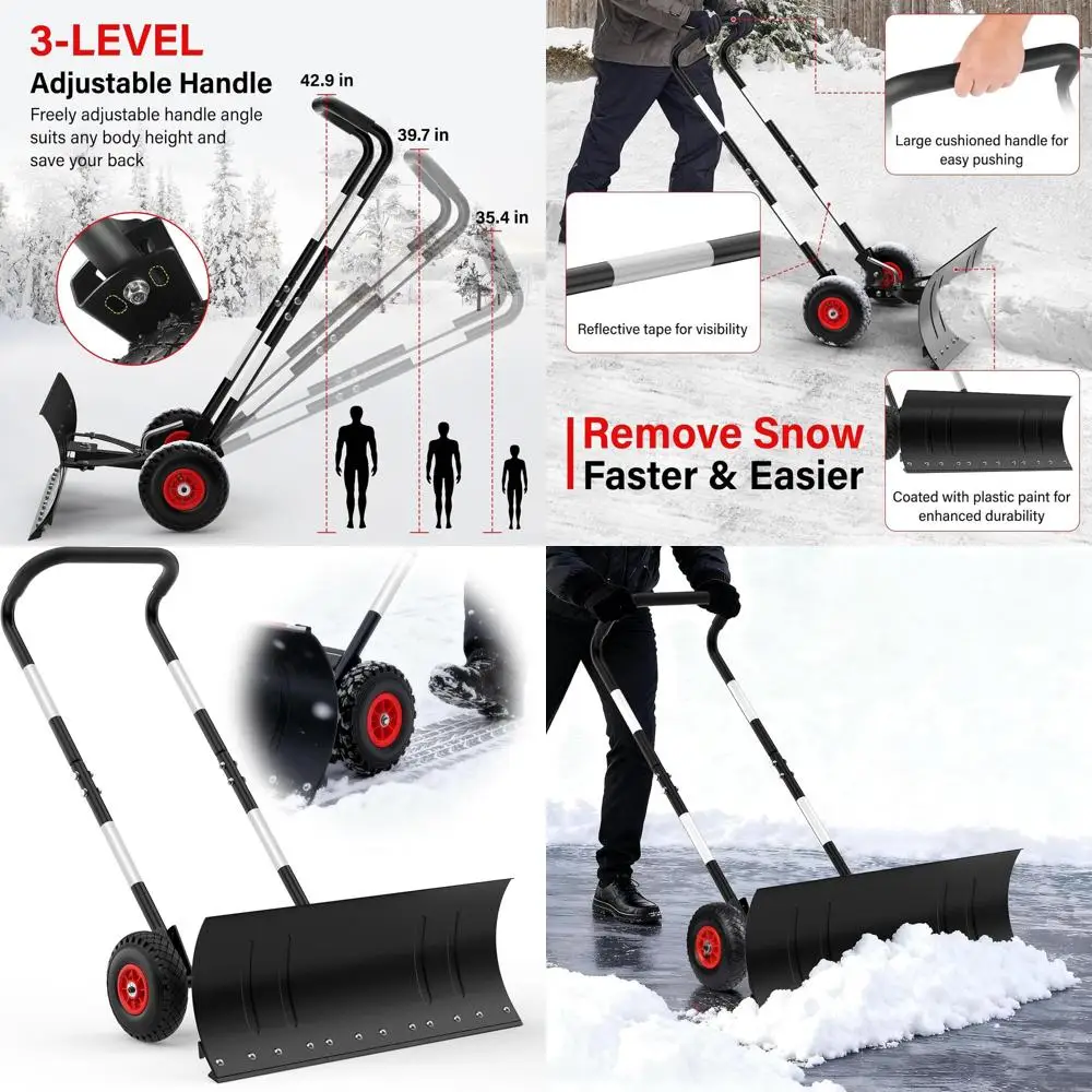 

Heavy Duty Steel Snow Shovel with Wheels, 29in Angled Blade, Adjustable Height Handle, Snow Plow, Reflective Tape for Driveway