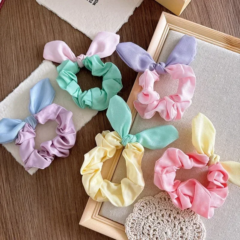 

Girls Fashion Elastic HairBand Sweet Rabbit Ears Hair Ring Rope Colorful Fabric Children's Ponytail Rubber Band Hair Accessories