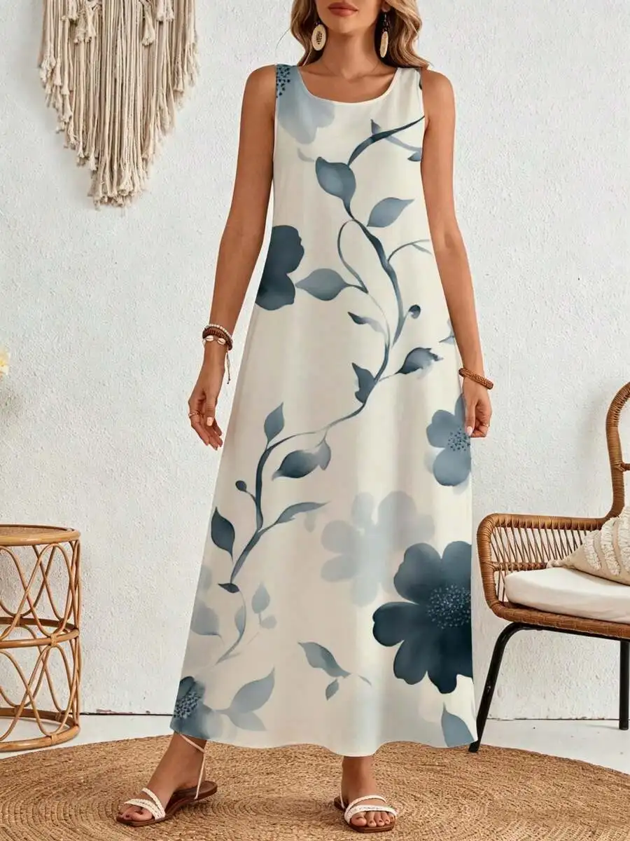 

Sleeveless Maxi Dress Cream Blue Floral Print Summer Beach Vacation Women Fashion