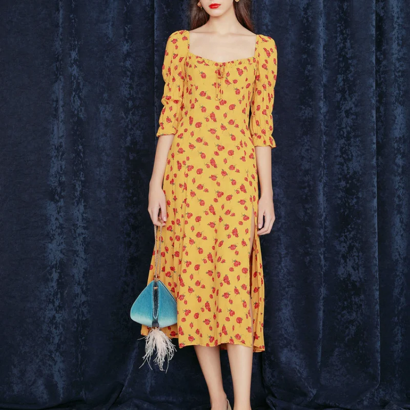 

Spot Goods 2025Spring and Summer New European American Women's Clothing Square Collar Long Sleeve Floral Dress Entry E