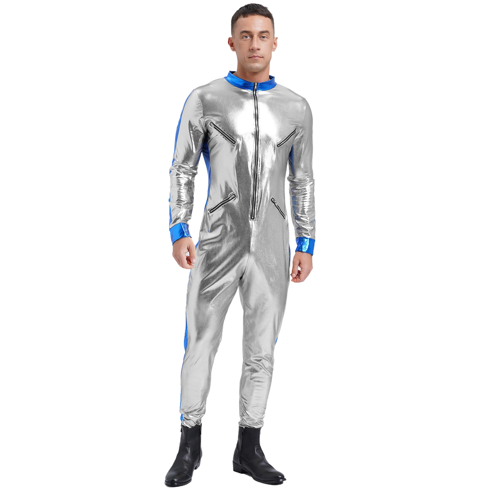 Męskie kostiumy astronautów galaktyk na Halloween imprezowy kosmonauta cosplayowy kombinezon z metalicznym błyszczącym zamkiem błyskawicznym Unitard