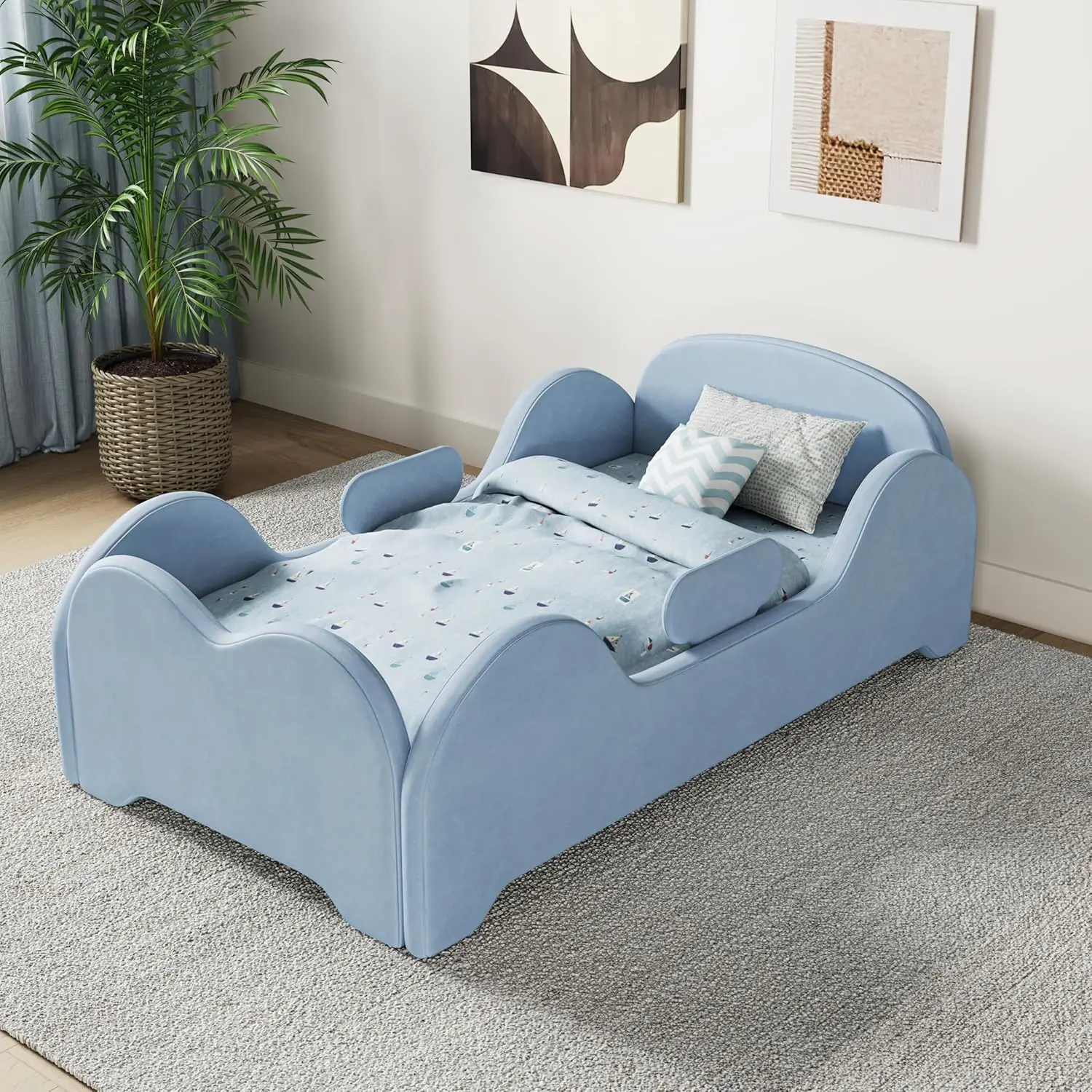 

Toddler Bed, Blue, Extra Safety Rails, Low to Floor, Standard Crib Size, Certified Fabric (Kids)