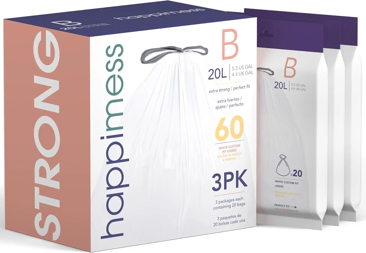 

Белые мешки для мусора на шнурке емкостью 5,3 галлона, 60 шт. в 3 упаковки, прочные вкладыши LDPE для использования на кухне