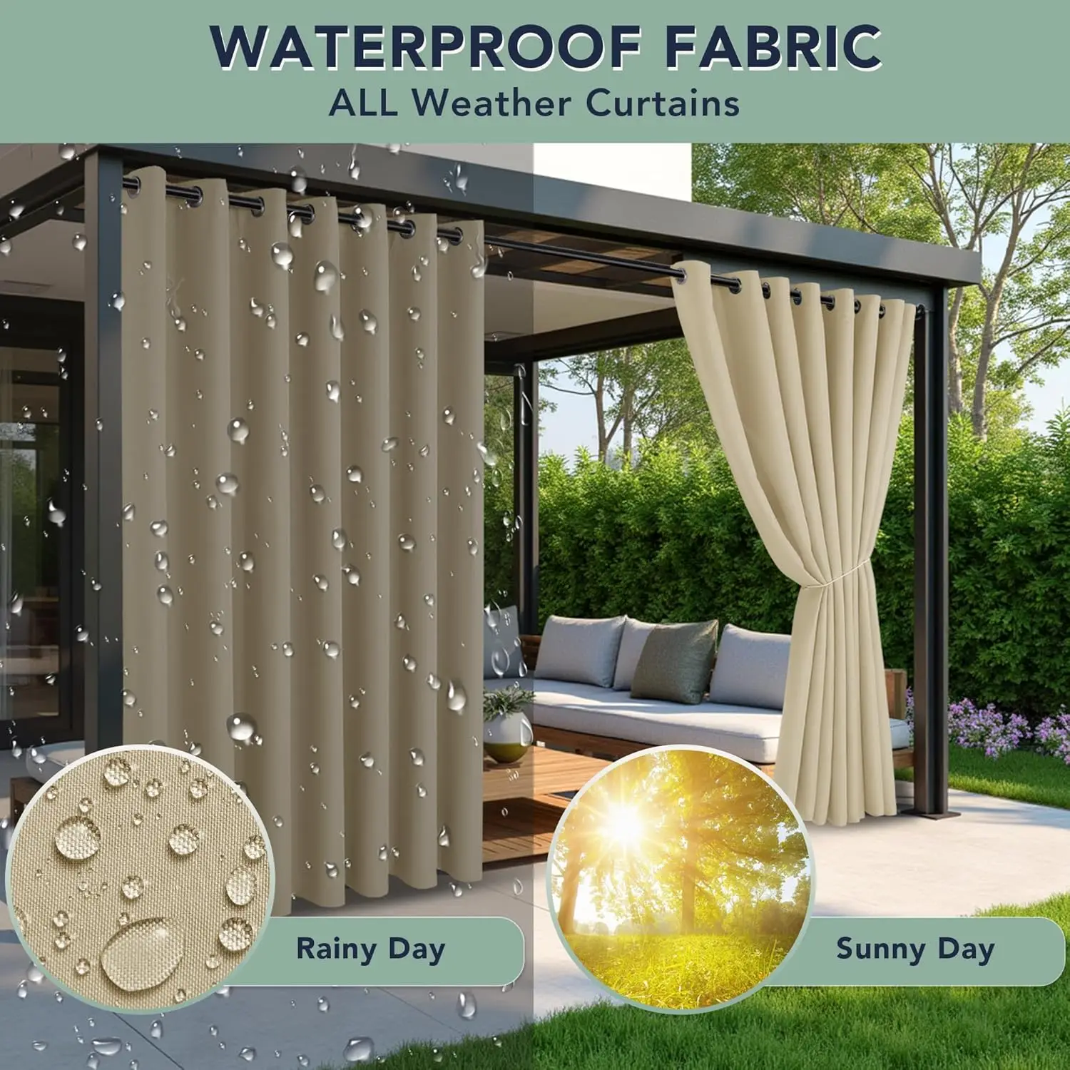 Outdoor Curtains for Patio Waterproof Privacy Weatherproof Outside with Grommets for Pergola, Gazebo, Porch,Cabana, Balcony