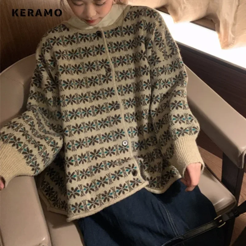 2024 Winter Vintage Casual Single Breasted Fashion Sweater Women Knit Printting Jumpers Long Sleeve Turtleneck Loose Cardigans