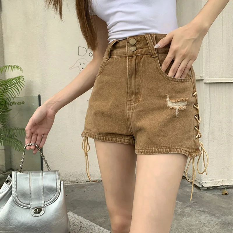 

Осенние женские джинсы Y2K 2024, модные широкие джинсовые шорты с высоким разрезом и завязками, с потертыми деталями, модная вирусная мода 2733